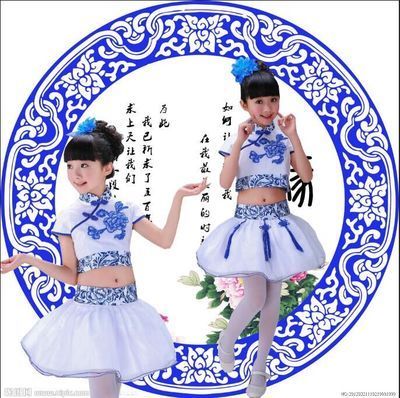 六一儿童青花瓷表演服古筝古典舞蹈演出服女童蓬蓬裙夏成人中国风