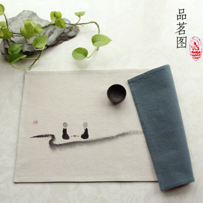 棉麻手绘禅意茶席亚麻桌旗茶垫香席茶艺配件麻布香道席干泡席促销