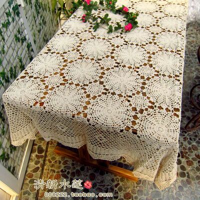 手工钩针钩花餐桌布 美式纯棉钩织镂空布艺田园台布 长方形白米色