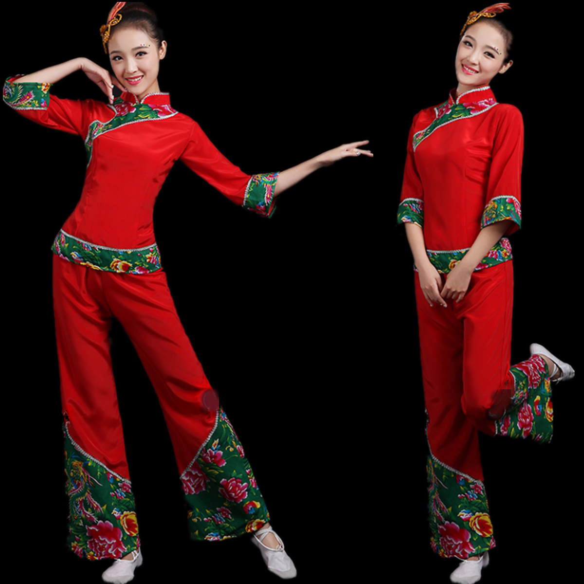 中老年秧歌服装开门红表演服东北大花布演出服舞台舞蹈扇子腰鼓服