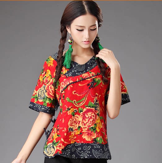 民族风女装夏款棉麻短袖中国风中式服装拼接上衣古装改良唐装女装