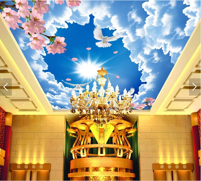 天空云朵树叶桃花蝴蝶风景吊顶天顶壁画下载办公室客厅ktv壁纸